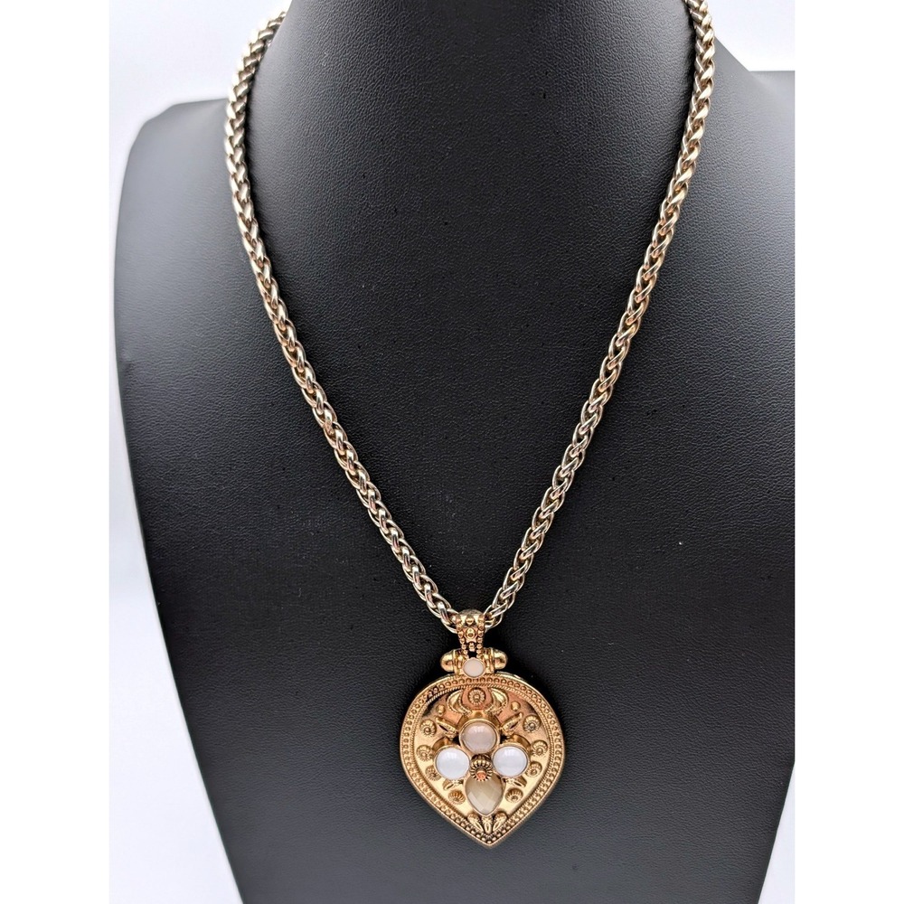 Vintage Gold Tone Ornate Shield Pendant Necklace White Cabochon Boho Statement